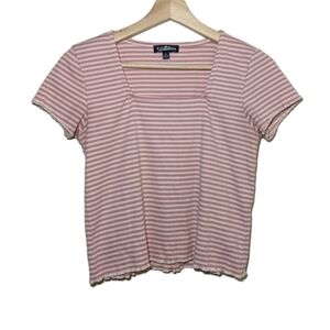 Y2K Pink White Striped Cropped Baby Doll Short Sleeve Top Medium Streetwear
